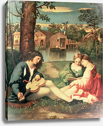 Постер Джорджоне Youth with a guitar and two girls sitting on a river bank Постер Джорджоне Youth with a guitar and two girls sitting on a river bank