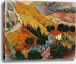 Постер Ван Гог Винсент (Vincent Van Gogh) Landscape with House and Ploughman, 1889 Постер Ван Гог Винсент (Vincent Van Gogh) Landscape with House and Ploughman, 1889