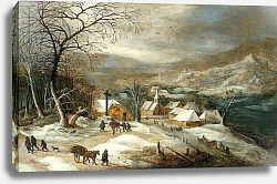 Постер Момпье Жос A Winter Landscape, with Figures on a Road by a Village, Постер Момпье Жос A Winter Landscape, with Figures on a Road by a Village,
