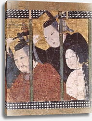 Постер Школа: Японская Two men and a woman behind an awning, detail from a screen, 15th-18th century Постер Школа: Японская Two men and a woman behind an awning, detail from a screen, 15th-18th century
