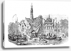 Постер Grain market and Saint-Bavochurch docks, in Haarlem, Netherlands vintage engraving. Постер Grain market and Saint-Bavochurch docks, in Haarlem, Netherlands vintage engraving.