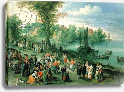 Постер Брейгель Ян Старший Wooded River Landscape with Peasants and Travellers Постер Брейгель Ян Старший Wooded River Landscape with Peasants and Travellers
