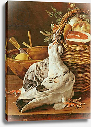 Постер Мелендес Луис Still Life with pigeons, wicker basket, ham, onions and a lemon Постер Мелендес Луис Still Life with pigeons, wicker basket, ham, onions and a lemon