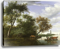 Постер Русдал Соломон Wooded river landscape with figures and cattle on a ferryboat Постер Русдал Соломон Wooded river landscape with figures and cattle on a ferryboat