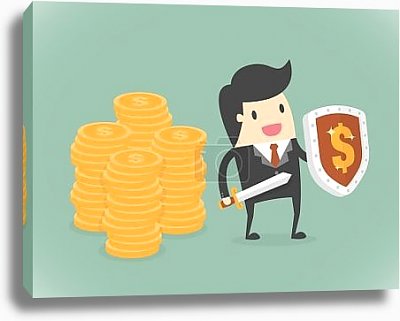 бизнесмен с деньгами и защитным щитом