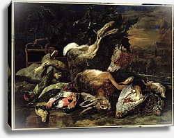 Постер Фит Ян Still Life with a Hare, Song Birds and a Bird Net with a Spaniel Beyond Постер Фит Ян Still Life with a Hare, Song Birds and a Bird Net with a Spaniel Beyond