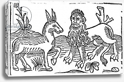Постер Школа: Английская 15в The Lion and the Ass, illustration from Caxton's 'Aesop's Fables', 1484 Постер Школа: Английская 15в The Lion and the Ass, illustration from Caxton's 'Aesop's Fables', 1484