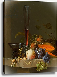 Постер Уолскеппел Якоб Still life of fruit on a ledge with a roemer and a wine glass Постер Уолскеппел Якоб Still life of fruit on a ledge with a roemer and a wine glass
