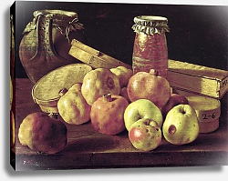 Постер Мелендес Луис Still Life with Pomegranates, Apples, a Pot of Jam and a Stone Pot Постер Мелендес Луис Still Life with Pomegranates, Apples, a Pot of Jam and a Stone Pot