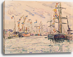 Постер Синьяк Поль (Paul Signac) Парусники с праздничными флагами на мачтах у причала в Сен-Мало Постер Синьяк Поль (Paul Signac) Парусники с праздничными флагами на мачтах у причала в Сен-Мало