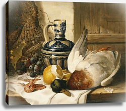 Постер Ладель Эдвард A Mallard, a Jug, a Peeled Lemon, Grapes and Shrimps on Draped Ledge, Постер Ладель Эдвард A Mallard, a Jug, a Peeled Lemon, Grapes and Shrimps on Draped Ledge,