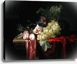 Постер Алст Виллем A still life with grapes, plums, figs and a melon on a partly draped stone ledge, 1653 Постер Алст Виллем A still life with grapes, plums, figs and a melon on a partly draped stone ledge, 1653