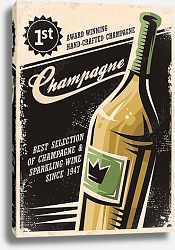 Постер Champagne vintage poster design with bottle and creative typo on dark background Постер Champagne vintage poster design with bottle and creative typo on dark background