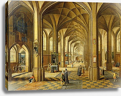 Постер Interior of a Gothic style church with three naves Постер Interior of a Gothic style church with three naves