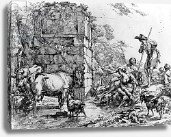 Постер Берхем Николас Cows and goats drinking at a pond Постер Берхем Николас Cows and goats drinking at a pond
