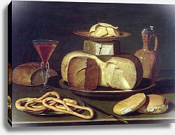 Постер Бирт Осис Still Life with bread, cheese, wine and pretzels Постер Бирт Осис Still Life with bread, cheese, wine and pretzels