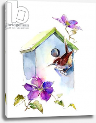Постер Килинг Джон (совр) Wren with birdhouse and clematis, 2016, Постер Килинг Джон (совр) Wren with birdhouse and clematis, 2016,