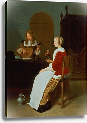 Постер Брекеленкам Квиринг An interior with a lute player and a woman holding a parrot Постер Брекеленкам Квиринг An interior with a lute player and a woman holding a parrot