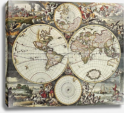 Постер Old map of world hemispheres. Created by Frederick De Wit, published in Amsterdam, 1668 Постер Old map of world hemispheres. Created by Frederick De Wit, published in Amsterdam, 1668