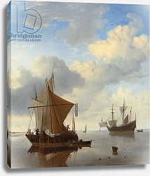 Постер Вельде Вильям A calm - a smalschip and a kaag at anchor with an English man-o'-war beyond Постер Вельде Вильям A calm - a smalschip and a kaag at anchor with an English man-o'-war beyond
