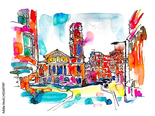Красочный эскиз живописной улицы Лондона с церковью