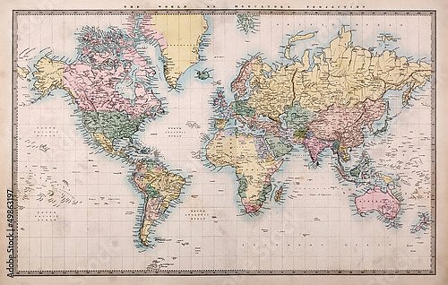 Постер-гравюра Карта Мира, 19 век