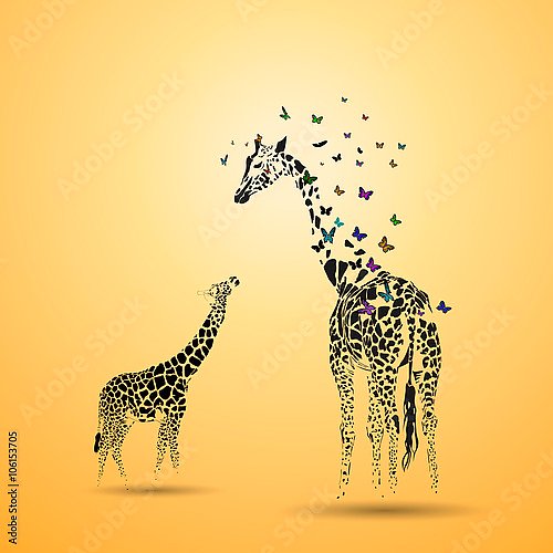 Жираф из бабочек с детенышем