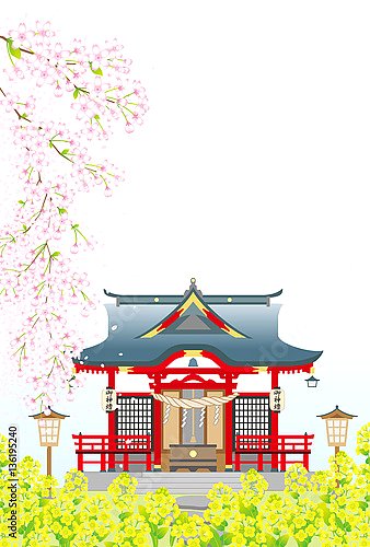 Японский домик под цветущей вишней