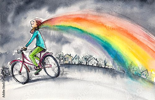 Человек на велосипеде с радугой