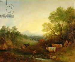 Постер Гейнсборо Томас A Landscape with Cattle and Figures by a Stream and a Distant Bridge, c.1772-4 Постер Гейнсборо Томас A Landscape with Cattle and Figures by a Stream and a Distant Bridge, c.1772-4