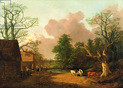 Постер Гейнсборо Томас A Landscape with Figures, Farm Buildings and a Milkmaid, c.1754-6 Постер Гейнсборо Томас A Landscape with Figures, Farm Buildings and a Milkmaid, c.1754-6