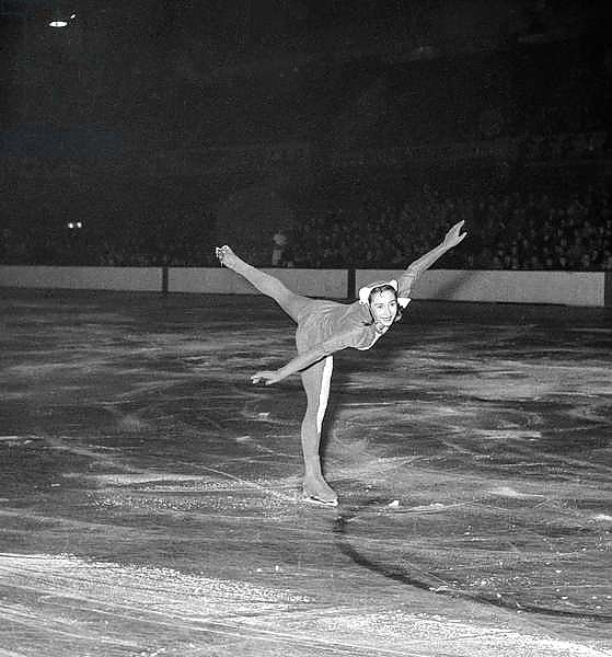 French figure skater Jacqueline Du Bief making a show during the Ice Hockey World Championships, Paris, March 10, 1951
