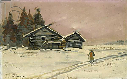 Постер Коровин Константин Winter Landscape with two wooden Huts Постер Коровин Константин Winter Landscape with two wooden Huts