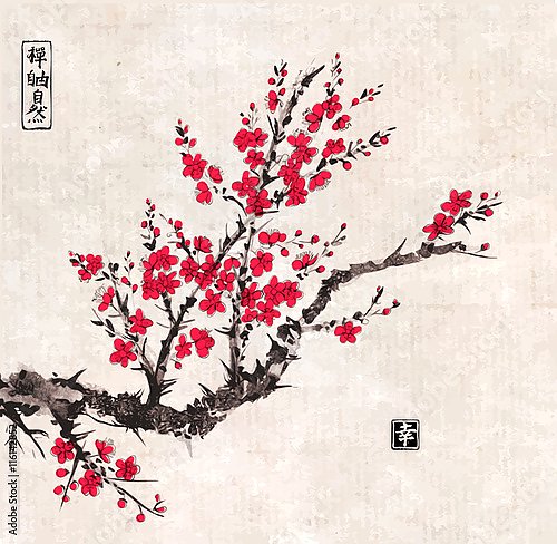 Восточная сакура в цвету на рисовой бумаге