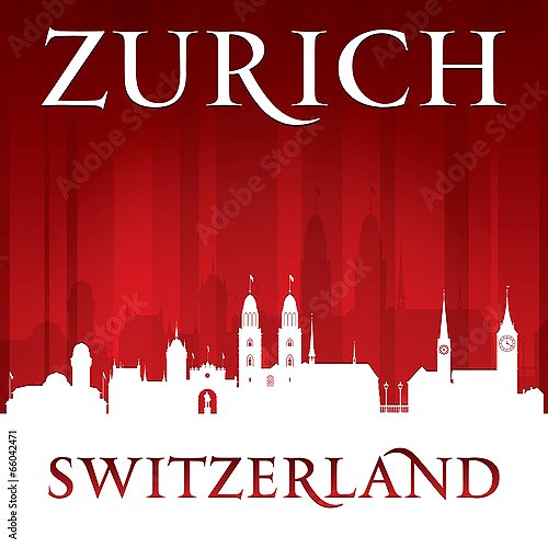 Цюрих, Швейцария. Силуэт города на красном фоне