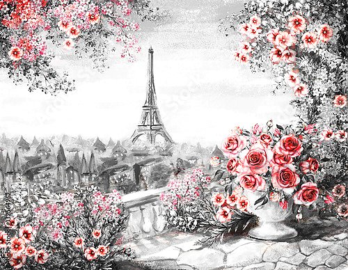 Вид на Париж с балкона с красными цветами