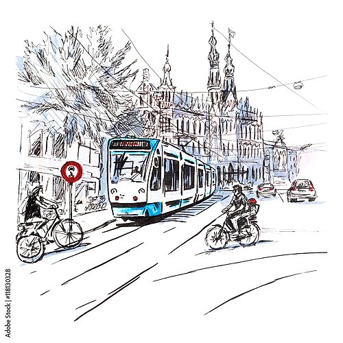 Вид на город Амстердам с велосипедистами и трамваями, Голландия, Нидерланды, эскиз