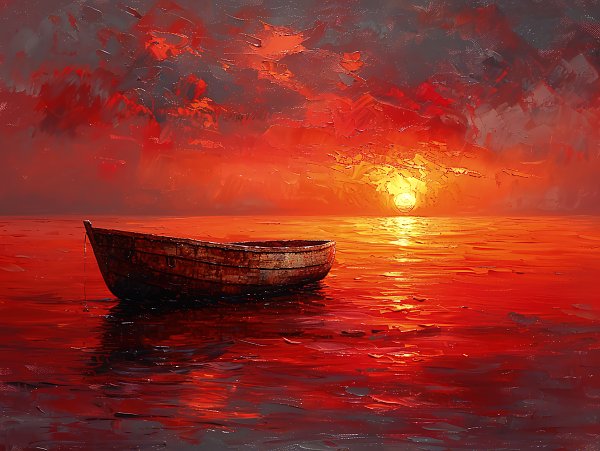 Lonely boat. Red sunset