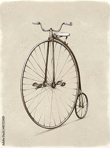 Карандашный рисунок ретро-велосипеда разными колесами