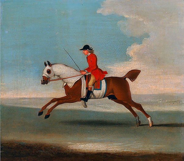 One of Four Portraits of Horses - a Chestnut Racehorse Exercised by a Trainer in a Red Coat 1730