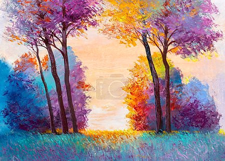 Oil painting landscape - colorful autumn forest. Hand Painted Impressionist.