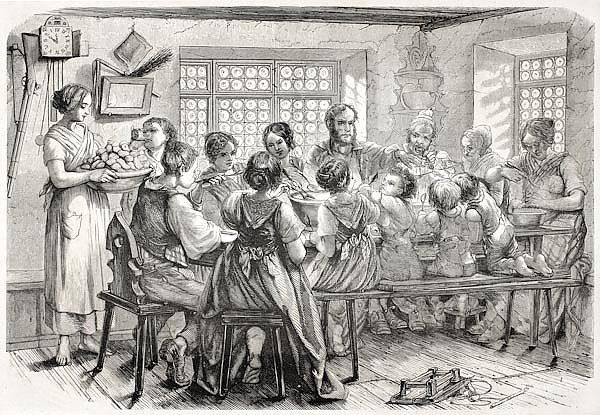 Family meal in an Alsatian farm. Created bySchuler, published on L'Illustration Journal Universel, P