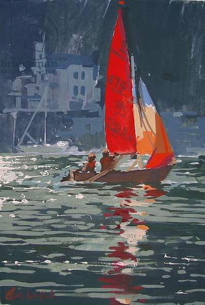 Red sail boat Salcombe - gouache - 2008