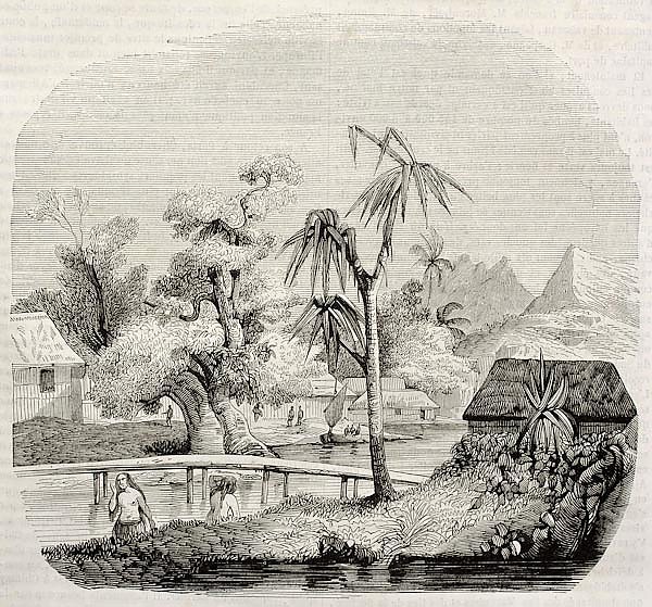 Tahiti island old view. Created by Lebreton, published on Magasin Pittoresque, Paris, 1843
