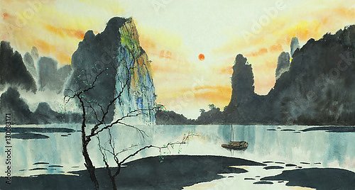 Китайские горы и лодка на озере