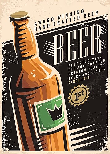 Пиво, ретро-плакат с пивной бутылкой 