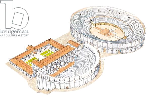 Roman theatre and amphitheatre. Reconstruction. Merida, Spain