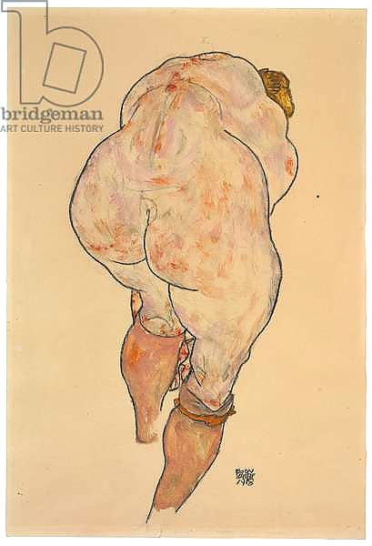 Female nude pulling up stockings, rear view, 1918