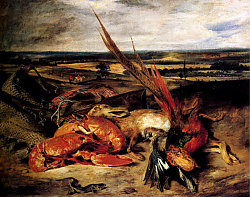 Постер Делакруа Эжен (Eugene Delacroix) Натюрморт с омаром, охотничьими трофеями и уловом Постер Делакруа Эжен (Eugene Delacroix) Натюрморт с омаром, охотничьими трофеями и уловом