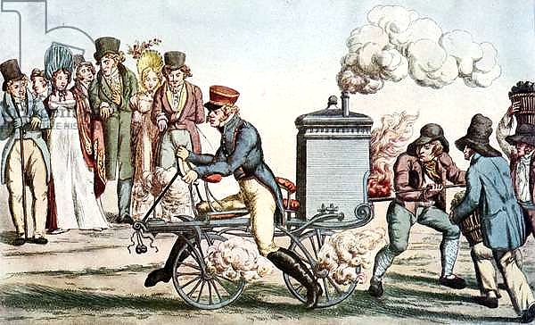 Prototype for motorcycle - French caricature, 1818